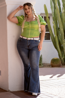 LOLA Neon Green Zip Front Puff Sleeve Top