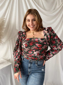 CHANTELL Black Rose Print Satin Body Suit