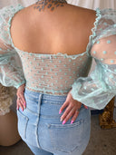 LANA Peach Polka Dot Puff Sleeve Top